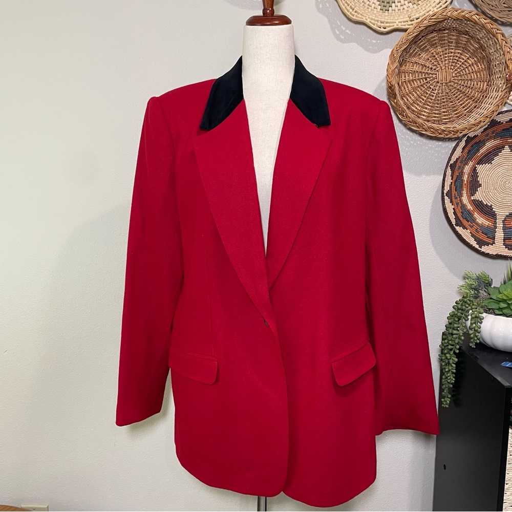 VTG White Stag 100% Wool Silk Lined Red & Black Velvet Collar Blazer Jacket XL